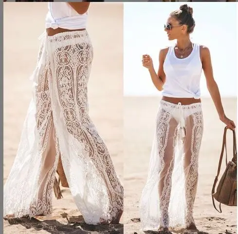 

Summer Ladies Sexy Lace Pants Beach Cover Up Trousers High Waist Pants