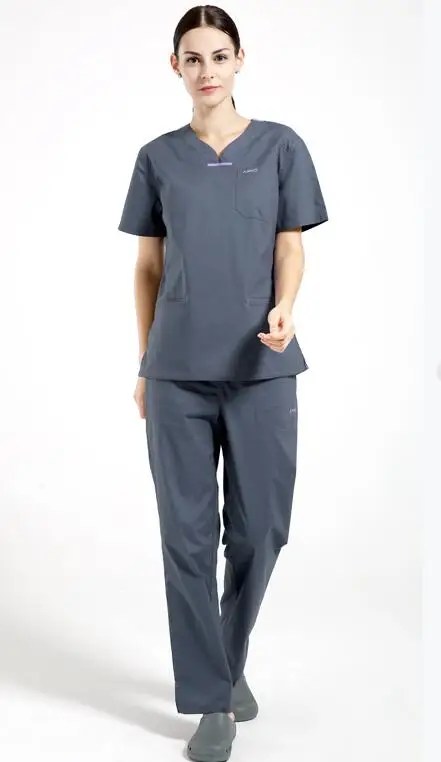 Медицинский доктор униформа медсестры для женщин короткий рукав больница лаборатория Скраб Набор хирургических операций Комбинезоны Серый Фиолетовый высокого класса - Цвет: grey