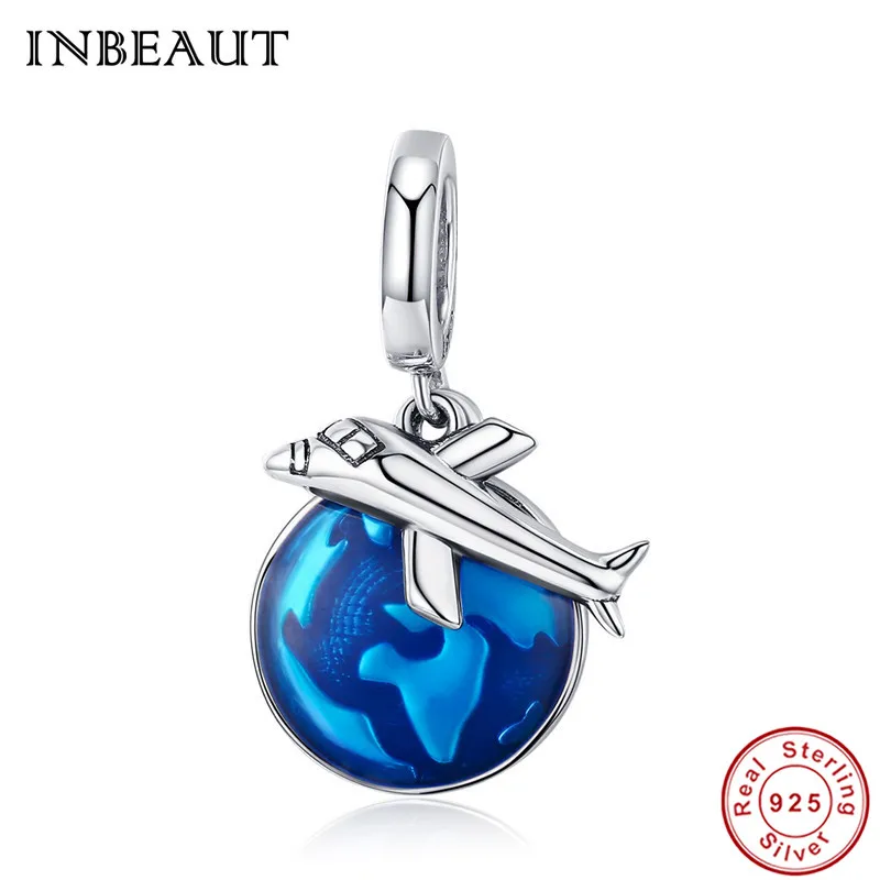 

INBEAUT 925 Sterling Silver Aircraft Flying Blue Earth World Pendant Beads fit Pandora Bracelet Travelling Life Charms Jewelry