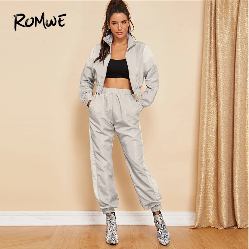 

ROMWE Color Block Grey Jacket Pants Set 2019 Fashion Cool High Neck Casual Long Sleeve Spring Autumn Womens Clothing Two Piece