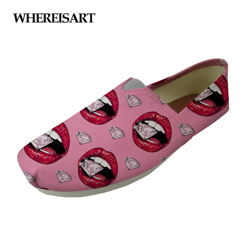 

WHEREISART Fashion Girls Casual Flats Shoes 3D Women Sexy Lips Pattern Cloth Lazy Shoes for Ladies Leisure Comfortable Loafers