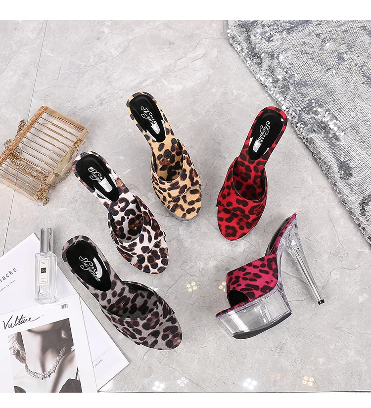 Shoes Woman New Platform Slippers Transparent Crystal Leopard High Heels 15cm Waterproof Shoes Big Size Female Slippers