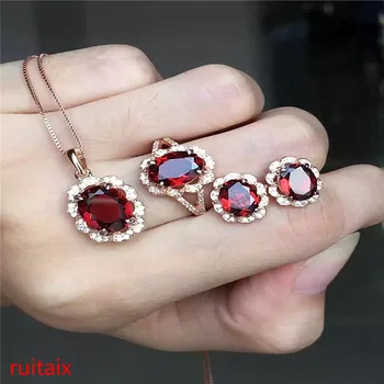 

KJJEAXCMY boutique jewels 925 pure silver inlaid with natural garnet female pendant ring earrings 3 pieces of jewelry. zxsewd
