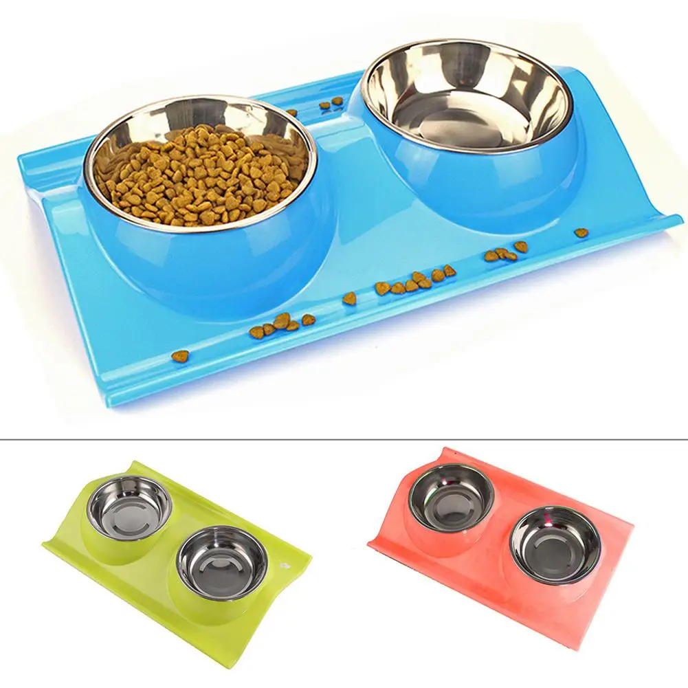 LanLan Thickened Foldable Stainless Steel Pet Double Bowl Anti-slip Cat Dog Water Food Dish Pet Supplies