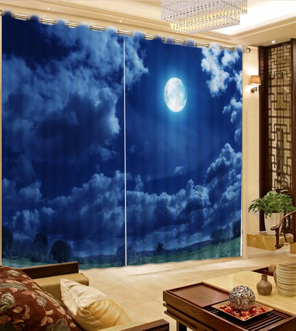 2017 New Style 3D Living Room Curtains moon blue sky Curtains For Girls