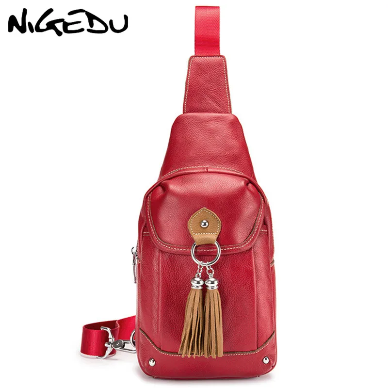 NIGEDU Brand Genuine Leather Women Chest Bag Pack Fashion Tassels Girls Crossbody bag Design Cowhide Women Shoulder Bags 8 Inch NIGEDU Brand Genuine Leather Women Chest Bag Pack Fashion Tassels Girls Crossbody bag Design Cowhide Women Shoulder Bags 8 Inch