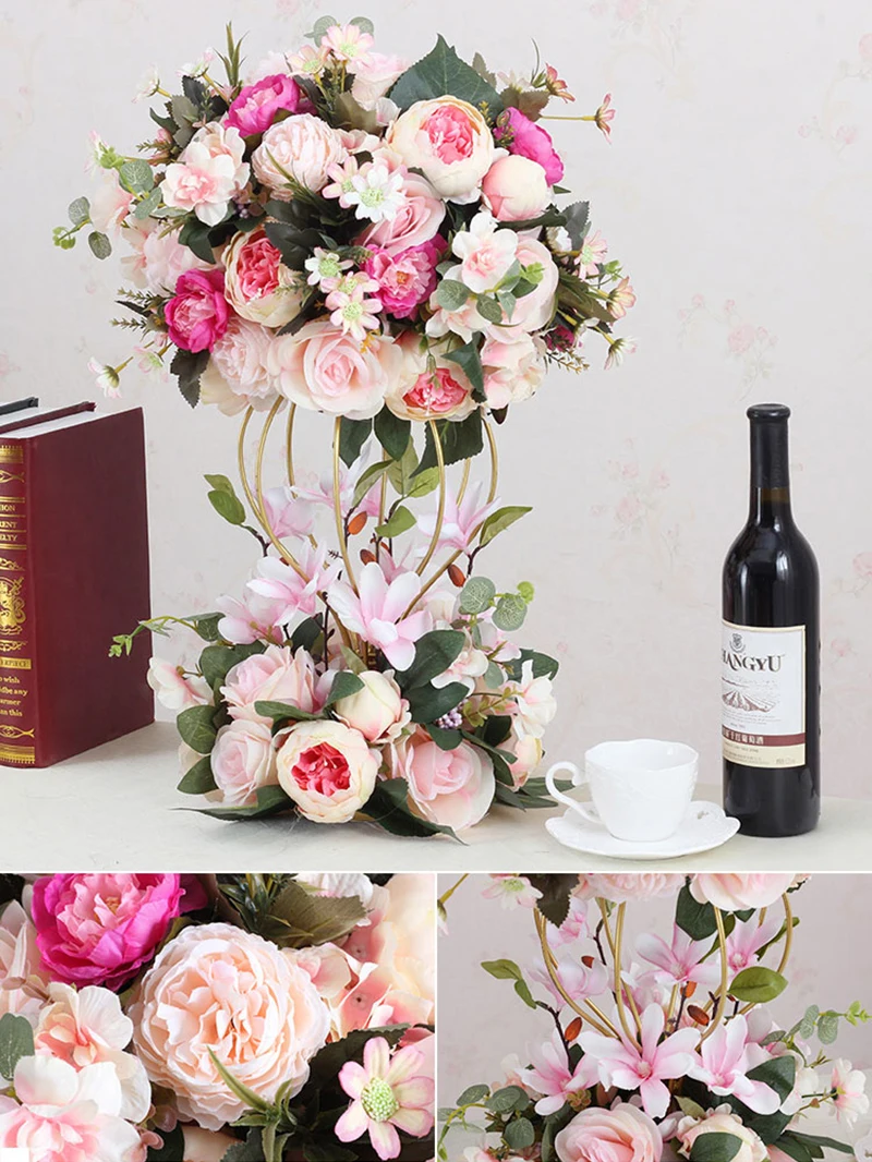 JAROWN Artificial Flower Ball Flower Stand Set Silk Fake Flower Wedding Stage Decoration Flores Home Party Table Decorations (8)