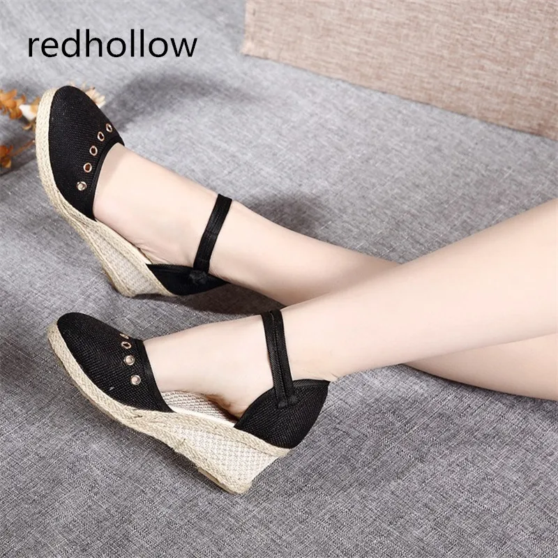 

Vintage Summer Sandals Women's Casual Shoes Linen Canvas Platform Wedge Sandals Lady's Shoes Med Heel Platform Pumps Female