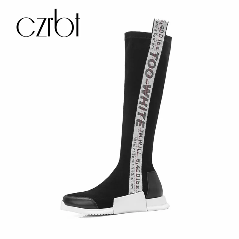 

czrbt 2018 New Leather Elastic Boots Street Tide Comfortable Skid - proof knee-high Fashion Martins boots Women Boots