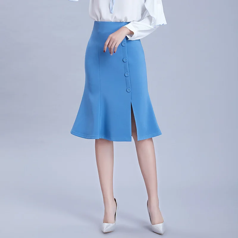 

2019 Summer Pure Button Front Open Half-length Skirt New Micro-elastic Commuter Skirt with Slender Waist Fishtail Black Skirt