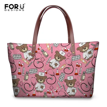 

FORUDESIGNS Women Pink Handbags Designer Nurse Bear Print Ladies Tote Casual Shoulder Cross-body Bags Girl's Bolsa Feminina Bags