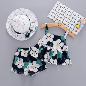 

2019 Bohemian Style Summer Beach Baby's Sets Shorts + Vintage Floral Print Spaghetti Strap Vest Tops + Sunhat Kids 3Pcs Suits