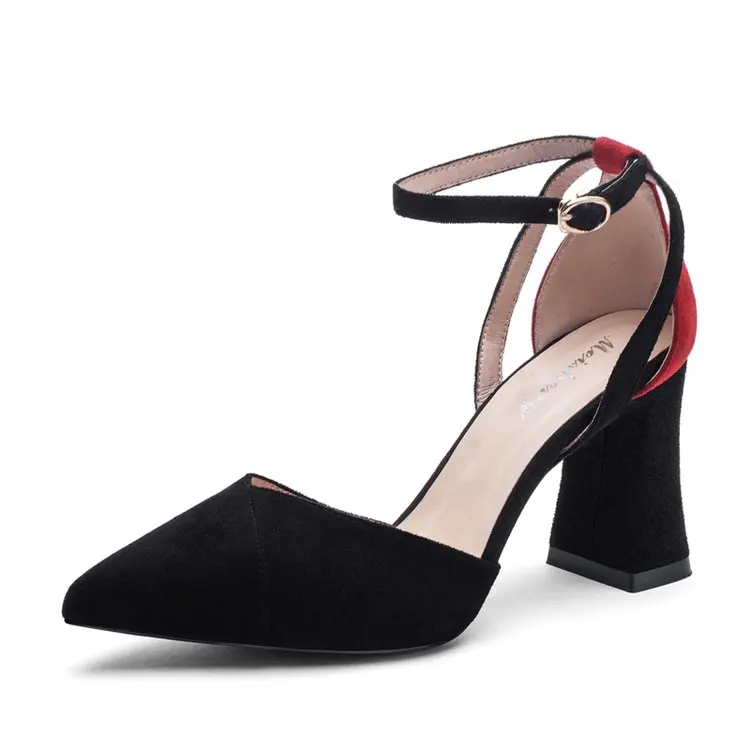 

Fashion High Heels Pointed Toe Pumps 2019 Ankle Strap Chunky Heels Patchwork Flock Woman Elegant Ladies Shoes block heel shoes