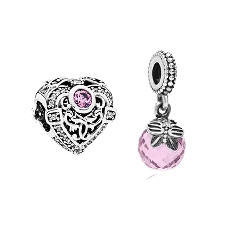 

Fit Brand Bracelet 100% 925 Sterling-Silver-Jewelry Heart and Pink Crystal Dangle Charm Bead DIY Jewelry European Style