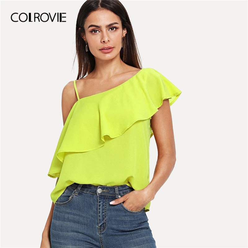 

COLROVIE Neon Yellow Asymmetrical Neck Elegant Blouse Shirts Women 2019 Spring Short Sleeve Ruffle Boho Lady Tops Female Blouses