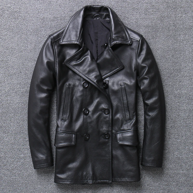 Clearance Mens Genuine Leather Jackets and Coats Real Cow Cowhide Luxury Trench Style Double Breasted Autumn Winter Outerwear Overcoat Men 1