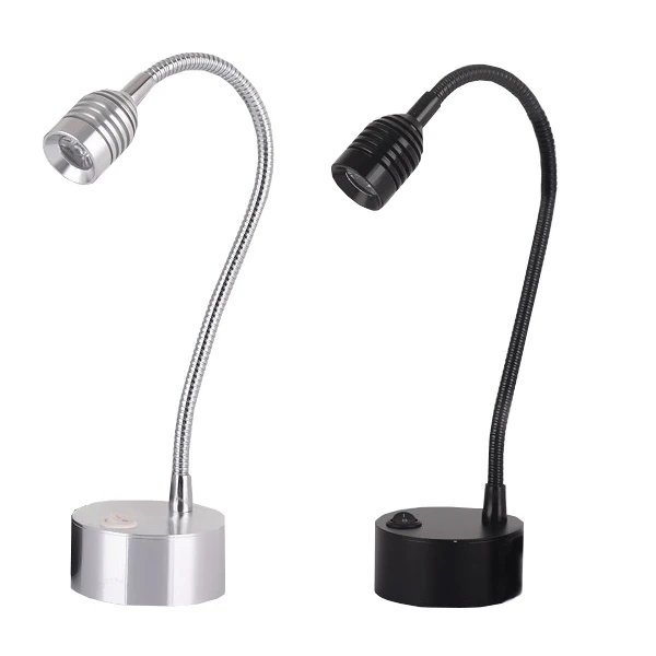 Flexible Pipe 3W LED Light Fixture Picture Spotlight Battery-Powered Lamp Button Bookshelf Cabinet Silver/Black Shell