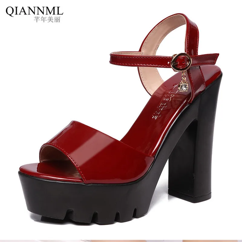 

Big Size 33-43 Block Heels Platform Sandals Women's Summer Shoes 2019 Patent Leather Sandals Women High Heel White Sandal