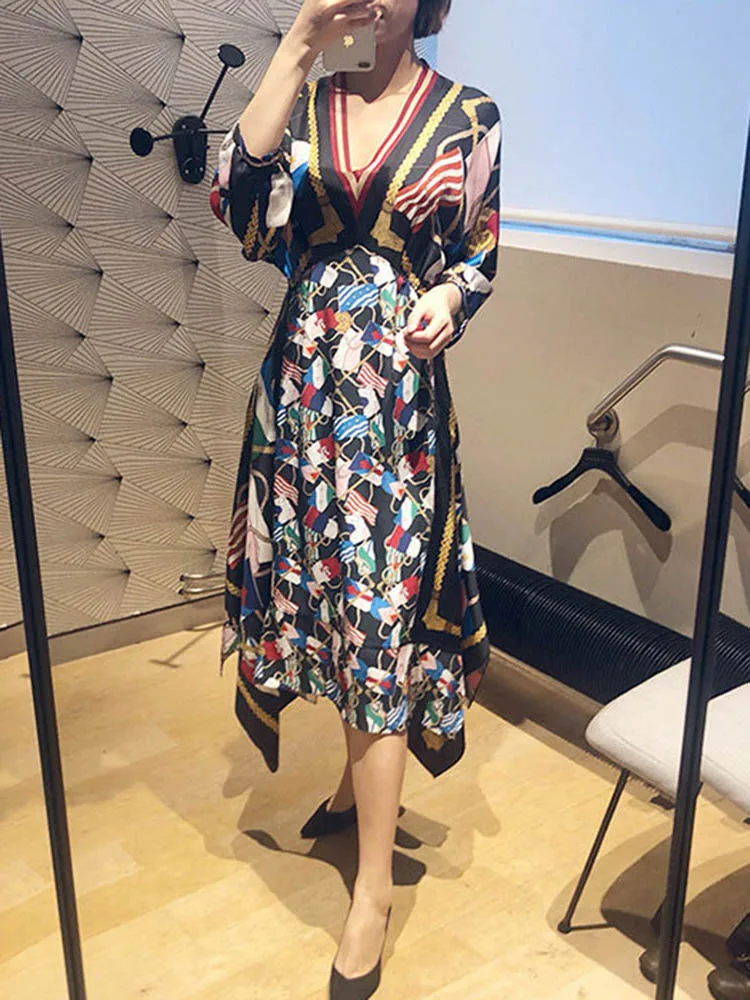 

Francesexy Birthday Dresses 2019 Summer New Irregular Long Floral V-neck Loose Waist Pullover Dress Designer Print Full
