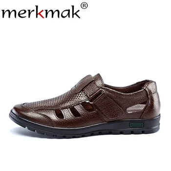 

Merkmak Drop Shipping Summer Men's Sandals Hollow Genuine Leather Breathable Soft Casual Outdoor Men Shoes Beach Footwear Flat