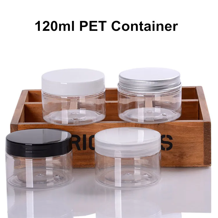 

48 X 120g Empty Clear Cream Jar With White/Black/Alumium Lid,4OZ Face Care Foundation Container Makeup Packaging PET Case