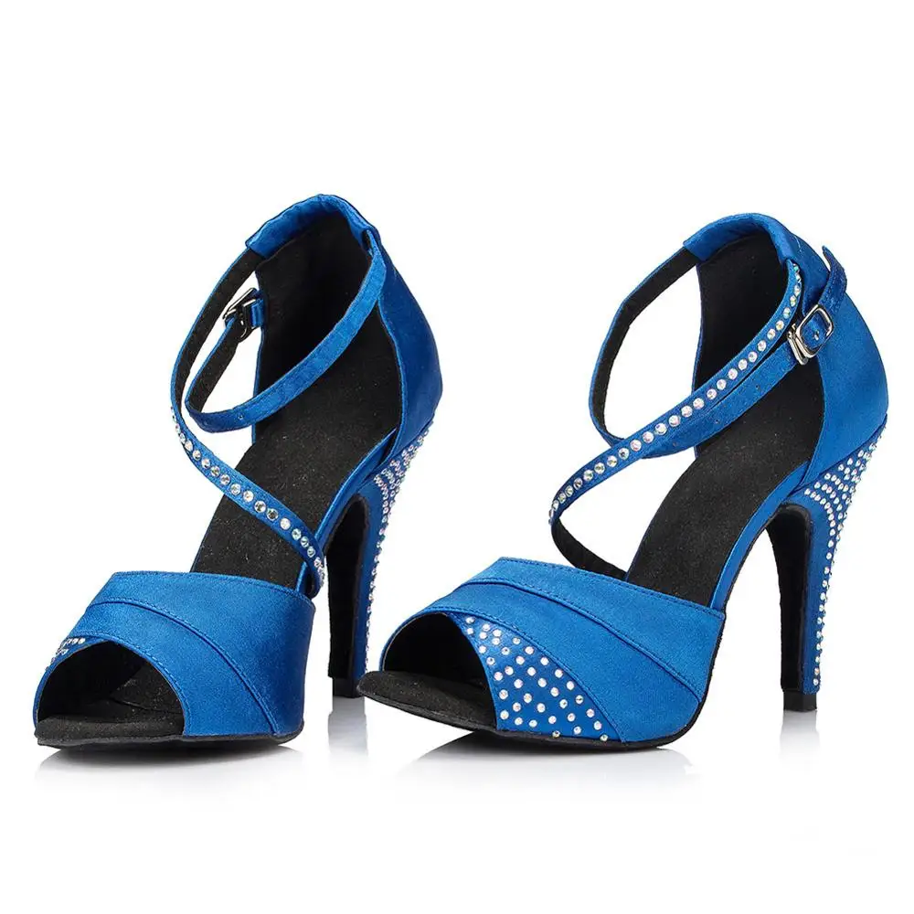 Blue 10cm Новинка; обувь для латинских танцев; стразы для женщин и девочек; атласная обувь для танцев в помещении; обувь для танго и сальсы на каблуке; Прямая поставка - Цвет: Blue 10cm