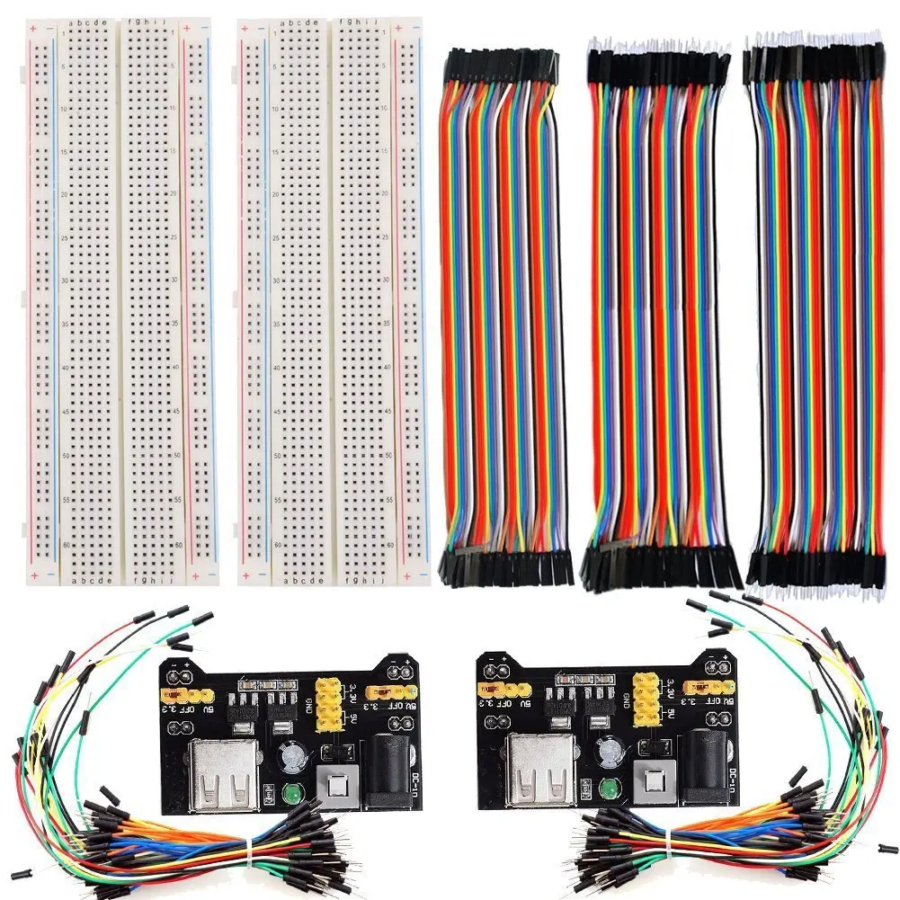 

2pcs 830 Points Solderless Breadboard + 2 Power Supply Module 3.3V/5V + 2pack 65pcs jumper wires +120pcs 20cm Jumper Wires