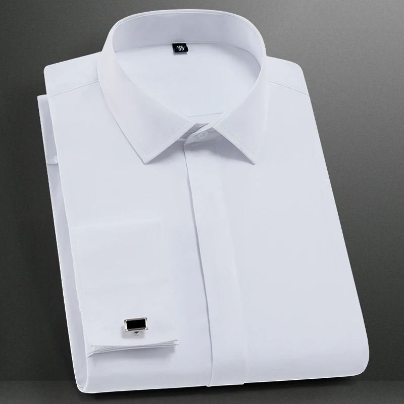 Comprare Classici degli uomini della camicia Francese Polsini Solido Camicia di Vestito Coperto Abbottonatura Convenzionale Business Standard fit Manica Lunga Camicette (Gemello incluso)