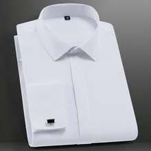Men’s Classic French Cuffs Solid Dress Shirt Covered Placket Formal Business Standard-fit Long Sleeve Shirts (Cufflink Included)