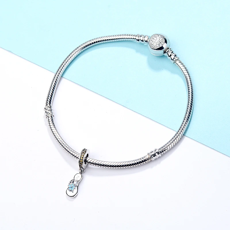 Браслет Strollgirl Fit Pandora, Стерлинговое Серебро 925 пробы, голубые эмалированные тапочки, очаровательные милые желтые фианиты, подвески, бусины для женщин, ювелирные изделия