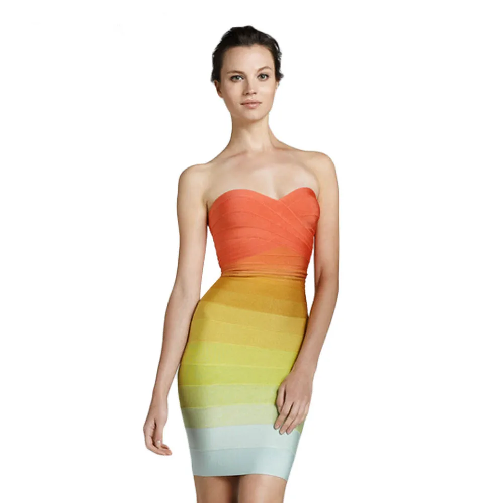 

2018 new fashion orange gradient rayon best quality summer sexy women strapless hl bodycon short bandage dresses