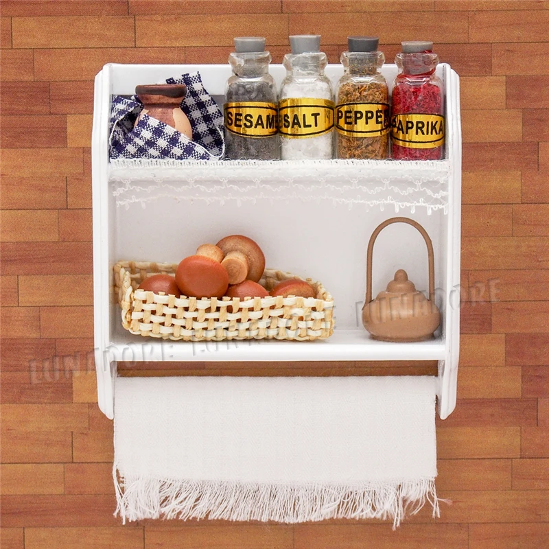 

Odoria 1:12 Miniature Kitchen Wood White Wall Mounted Cabinet Shelf Storage with Jars and Food Dollhouse Furniture Accessories