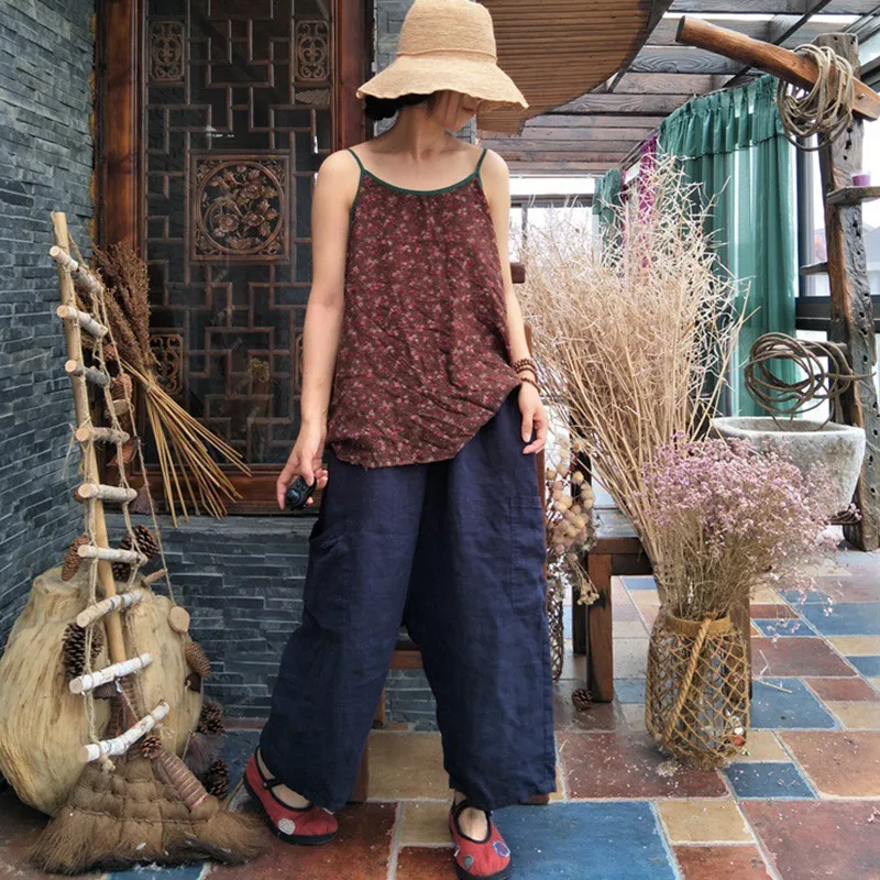 

Johnature 2019 Summer New O-Neck Vintage Floral Print Sleeveless Camis Women Loose 5 Colors Patchwork Hit Colors Camis