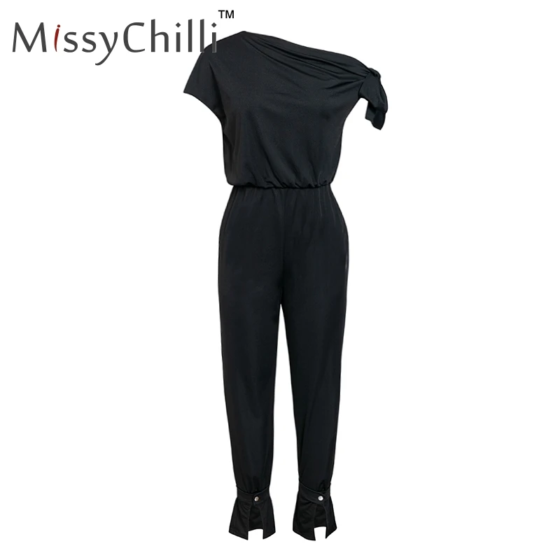 MissyChilli вязаный на одно плечо Элегантный женский комбинезон с высокой талией на шнуровке черный комбинезон женский летний сексуальный