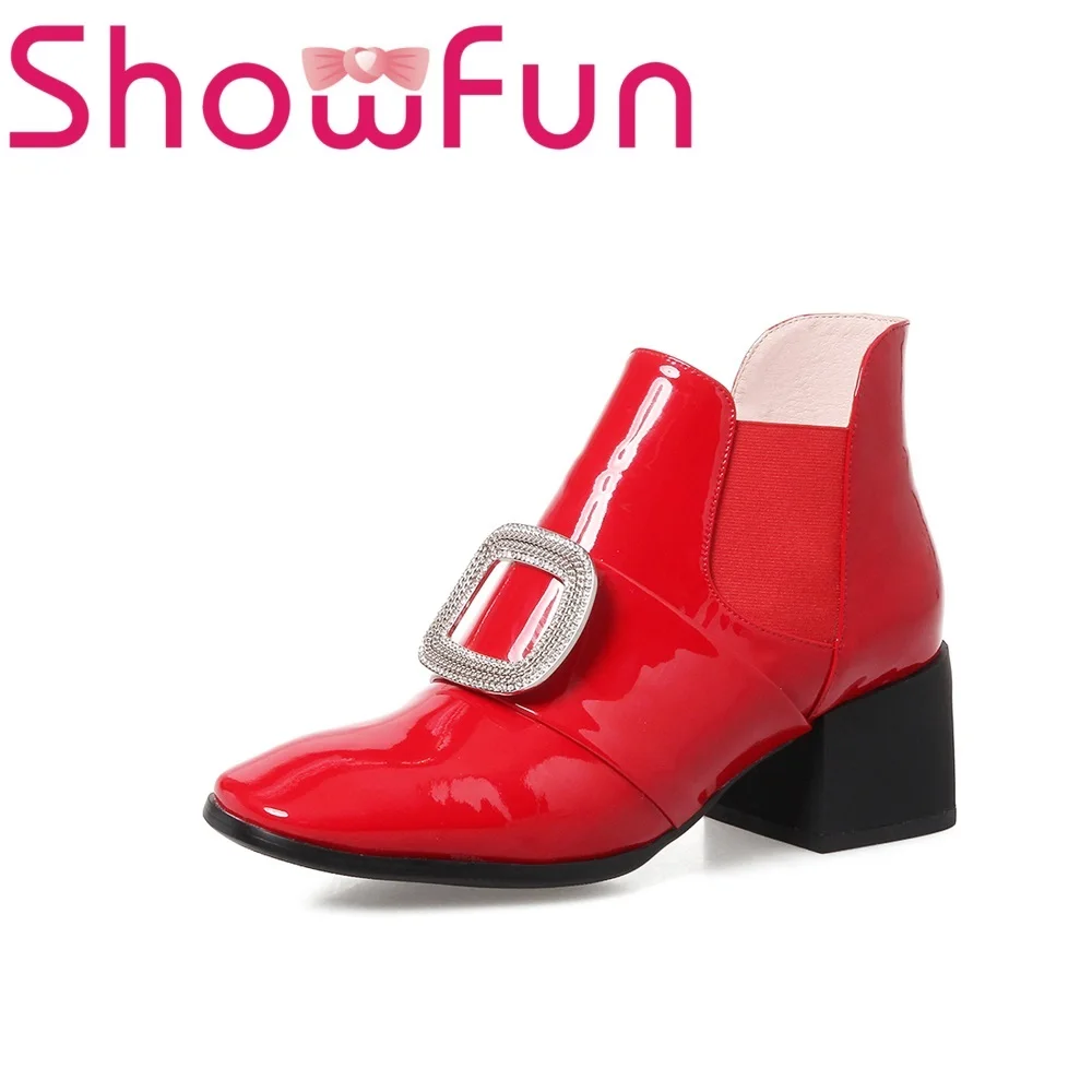 

Showfun genuine leather shoes woman solid square heels boots