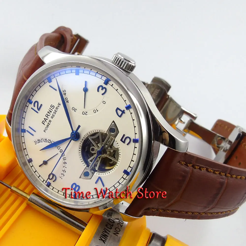 

Parnis 43mm White dial power reserve date deployant clasp automatic movement Self-Wind Men's watch 13 relogio masculino
