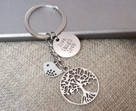

Vintage Silver LIVE LAUGH LOVE Tree of Life Bird Keychain For Keys Car Bag Key Ring Handbag Key Chains Gifts Crafts Accessories