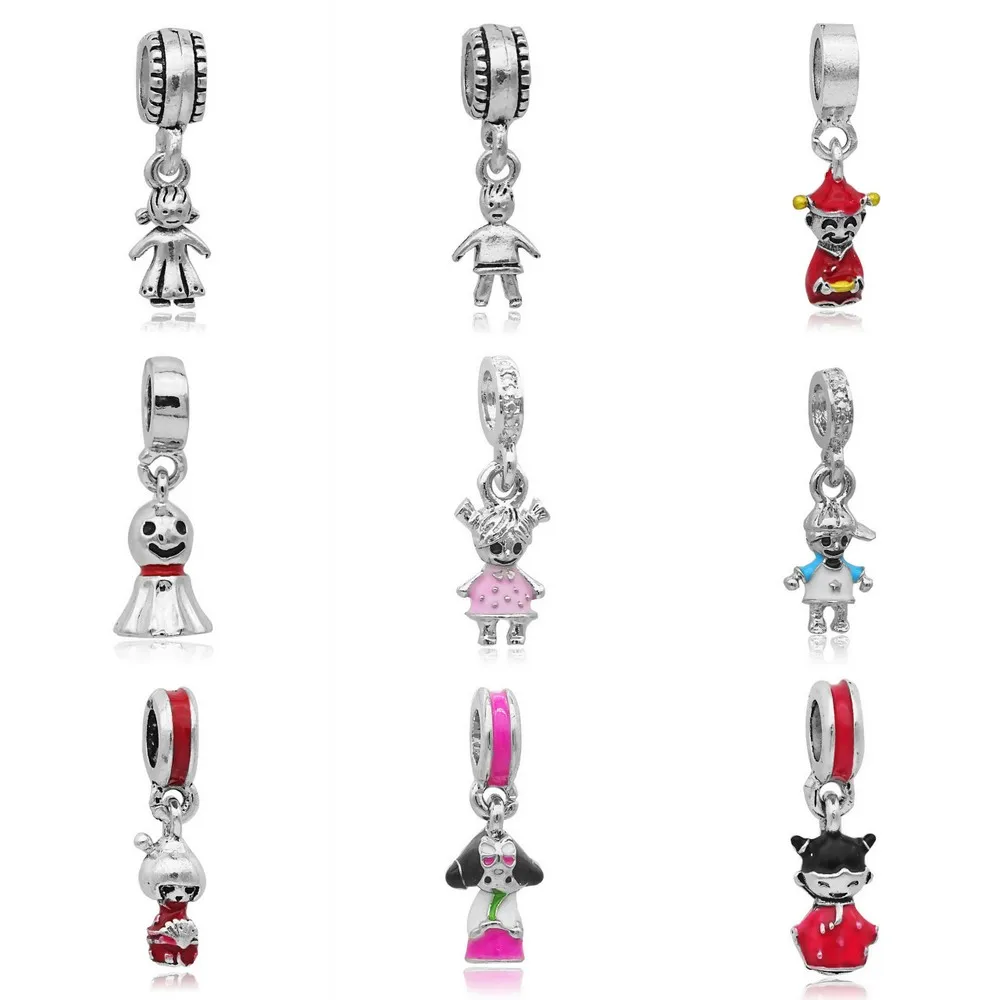 

New Original Silver Plated Bead Doll Girl Boy Pendant Heart Enamel Charm Fit Pandora Bracelet Necklace DIY Women Jewelry