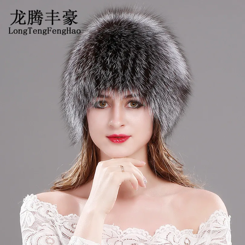 

Natural Fox Fur Hats for Women Real Fur Beanies Cap Knitted Hats Russian Winter Thick Warm Fashion Caps Silver Fox Fur Hats lady