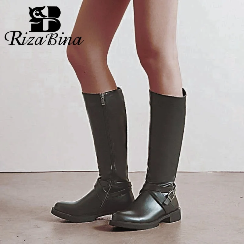 

RIZABINA Plus Size 33-46 Women Knee High Boots Fashion Buckle Casual Zipper Winter Shoes For Women Add Fur Warm Flats Boots
