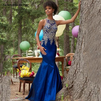 

Vestidos de baile formatura2021 new O-neck lace satin diamonds gold royal blue red sexy mermaid african prom dress long