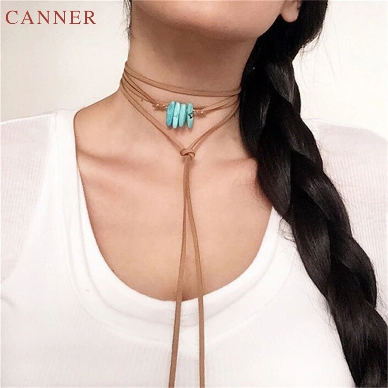 Boho Long Brown Velvet Leather Chokers Necklace for Women Natural Stone Long Maxi Necklace Jewelry Gift C25
