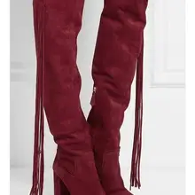 Высокие женские сапоги до колена с бахромой сбоку; женские сапоги с круглым носком в ковбойском стиле на массивном каблуке; Сапоги на молнии; женские модные модельные сапоги