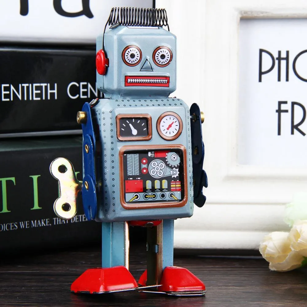 Vintage Mechanical Clockwork Wind Up Toys Walking Radar Robot Tin Toy