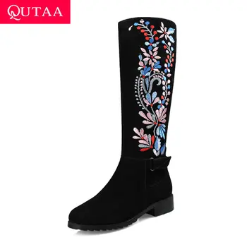 

QUTAA 2020 Embroidered Flower Round Toe Knee High Boots Thick Low Heel Genuine Leather Warm Fur Women Long Boots Size 34-43