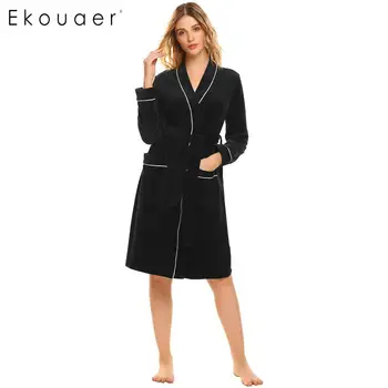 

Ekouaer Women Velvet Robe Sleepwear Kimono Cotton Bathrobe Soild Winter Autumn Long Sleeve Pocket Patchwork Sleepwear Spa Robes