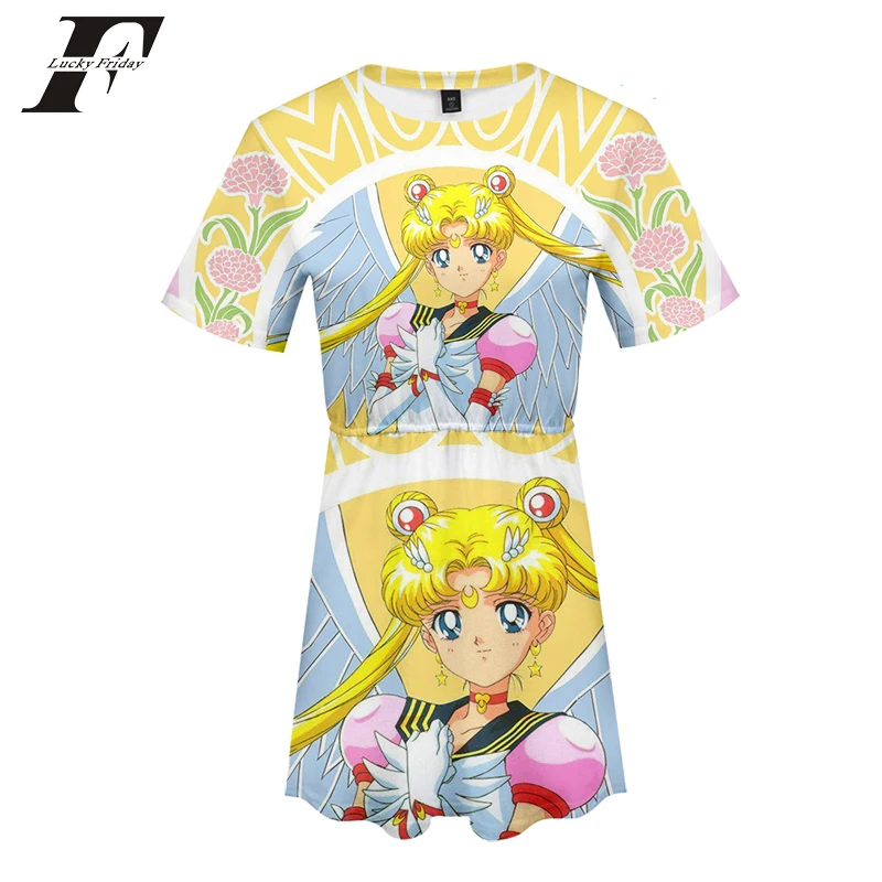 Женское платье с коротким рукавом Sailor Moon летнее в стиле Харадзюку С 3D рисунком