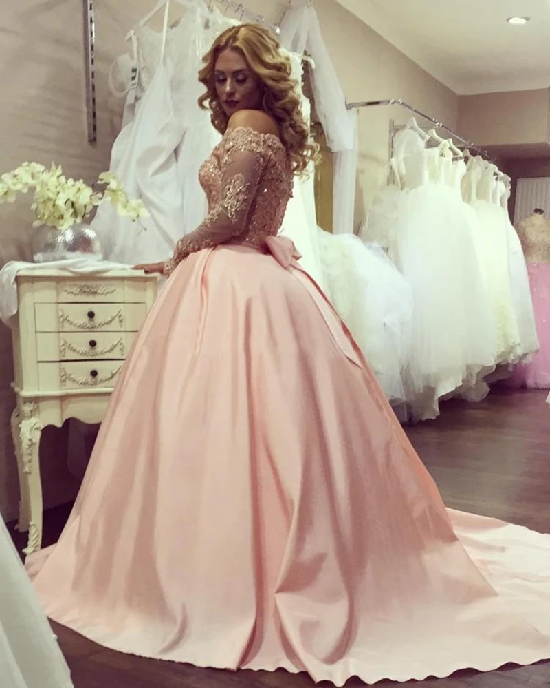 New-Arrival-Pink-Ball-gown-evening-dresses-Long-sleeve-2019-Abendkleider-Robe-de-soiree-Formal-dress (3)