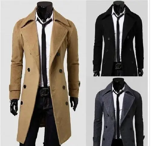 

hot sale Plus Size Men Trench Coat Winter Mens Long Pea Coat Wool Coat Turn down Collar Double Breasted overcoat olome