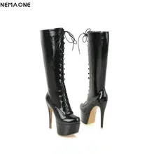 NEMAONE/Сапоги до колена на очень высоком каблуке 14 см женские сапоги с круглым носком на платформе; цвет черный, белый, красный; женские сапоги на шнуровке женские вечерние туфли